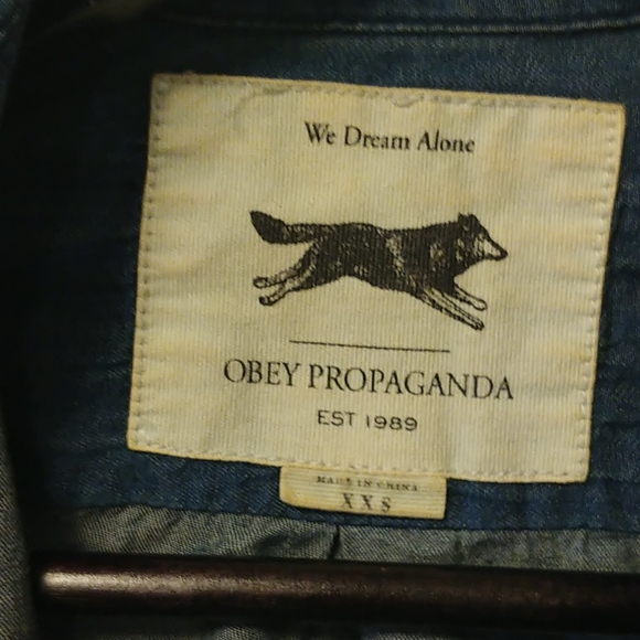 OBEY Chambray Denim Top Button Military Shirt Jacket Safari Cargo Utility Rock M - Picture 3 of 3